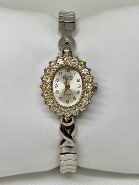 Victoria Rhein women watch silver tone crystals 18mm oval quartz analog running